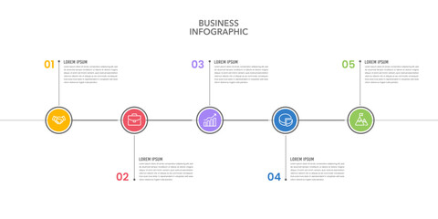 Obraz premium Infographic Timeline Design Template 5 Steps to Success. Business Presentation, Management, Workflow, Milestone, Strategy and Planning. Vector Illustration.