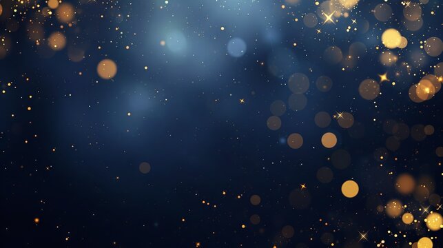 Abstract dark blue and gold particle background with Christmas golden light bokeh, shining particles on navy blue, gold foil texture, festive holiday concept