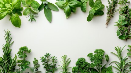 Obraz premium Flat lay of various herbs with a white background, with a border frame of rosemary and thyme. 