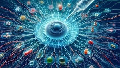 Biology nerve cell with biomedicine concept, 3d rendering.