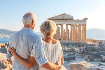 Senior couple looking at the Parthenon temple in Athens, Greece