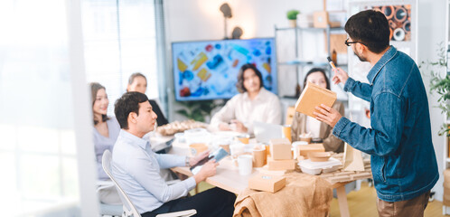 Corporate group of business Asian presentation innovations package recycle material for sustainable...