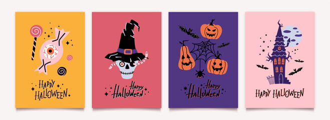 Happy Halloween party posters template set with lettering in flat design. Halloween treats, pumpkins, spider web, skull, witch hat, haunted house. Vector backgrounds collection.