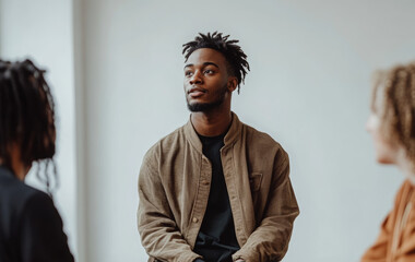 Obraz premium A photograph of an African American man in his late thirties, sitting down, wearing black pants and a brown shirt, talking to two people who appear to be listening intently.