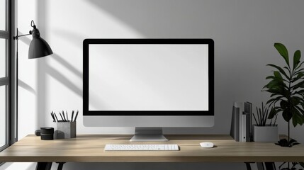 A modern workspace featuring a clean desk, computer, lamp, and plant, perfect for productivity and creativity.