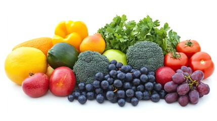 A variety of fresh fruits and vegetables on a white background.