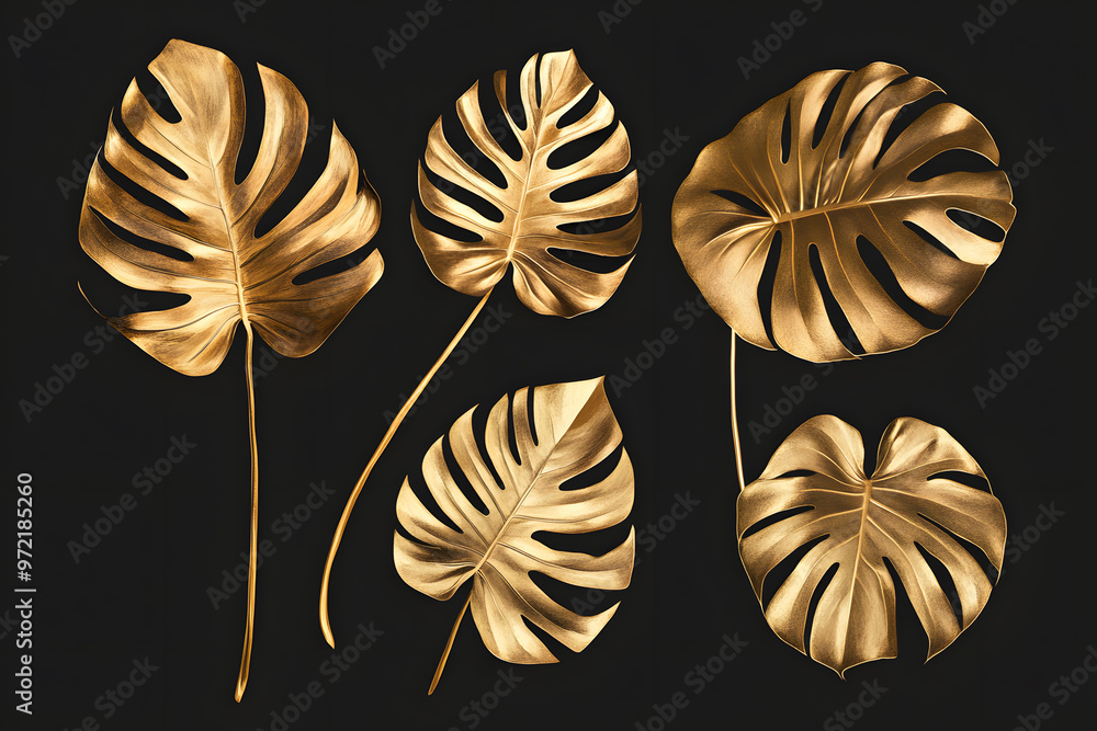 Poster Set of golden tropical monstera leaves isolated on black background