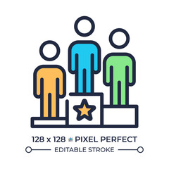 Pedestal winners RGB pixel perfect color icon. Male champions, sport athletes. Championship ceremony, prizewinners podium. Isolated vector illustration. Simple filled line drawing. Editable stroke