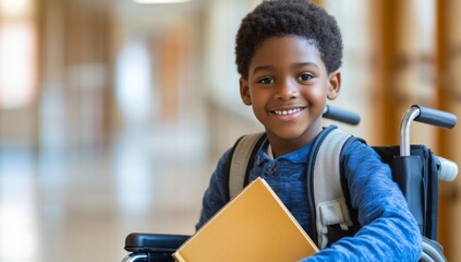close-up portrait of young black boy in wheelchair, holding book and smiling at the camera, in school hallway