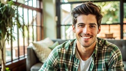 Obraz premium Happy Young Man Smiling Indoors.