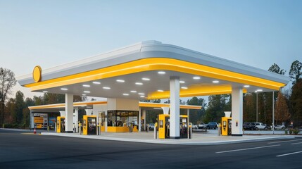A modern gas station with bright lighting and sleek design, perfect for depicting convenience and urban travel.