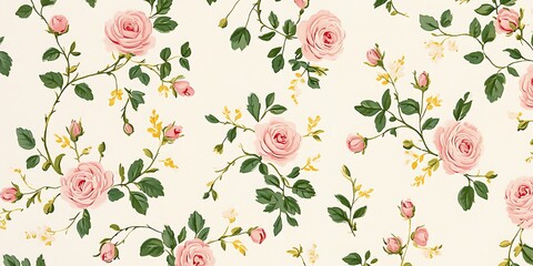 A pattern of small pink roses and green leaves on a white background.