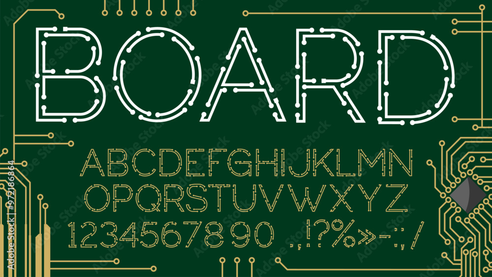 Poster techno circuit font or motherboard type with geometric line typeface, vector digital alphabet. circu