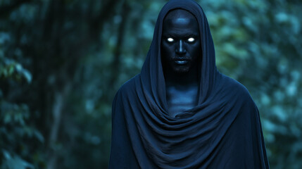 African god of darkness with a cloak of shadows, glowing white eyes, standing in a moonlit forest 
