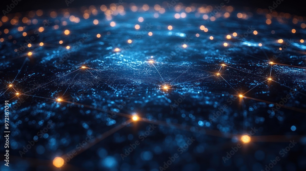 Poster abstract representation of a digital network with glowing connections.