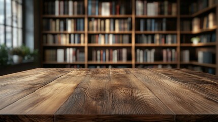 A beautiful wooden table in front of a library backdrop filled with books, ideal for showcasing creativity and knowledge.