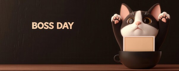 Feline boss with paws raised in victory, receiving a cute Boss Day card, 3D illustration