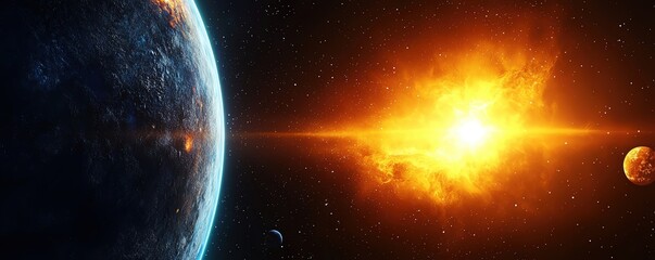 A breathtaking cosmic scene featuring Earth and a radiant sun, showcasing the beauty of the universe and its celestial wonders.