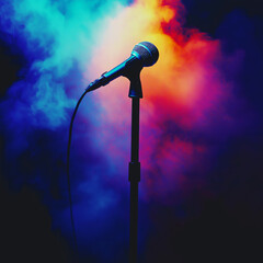 Obraz premium Microphone standing on an empty stage with colorful light and smoke. Mic on a stage
