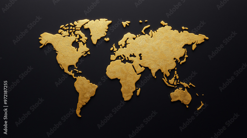 Poster artistic world map with country borders in gold on a black background and abstract paint splashes fo