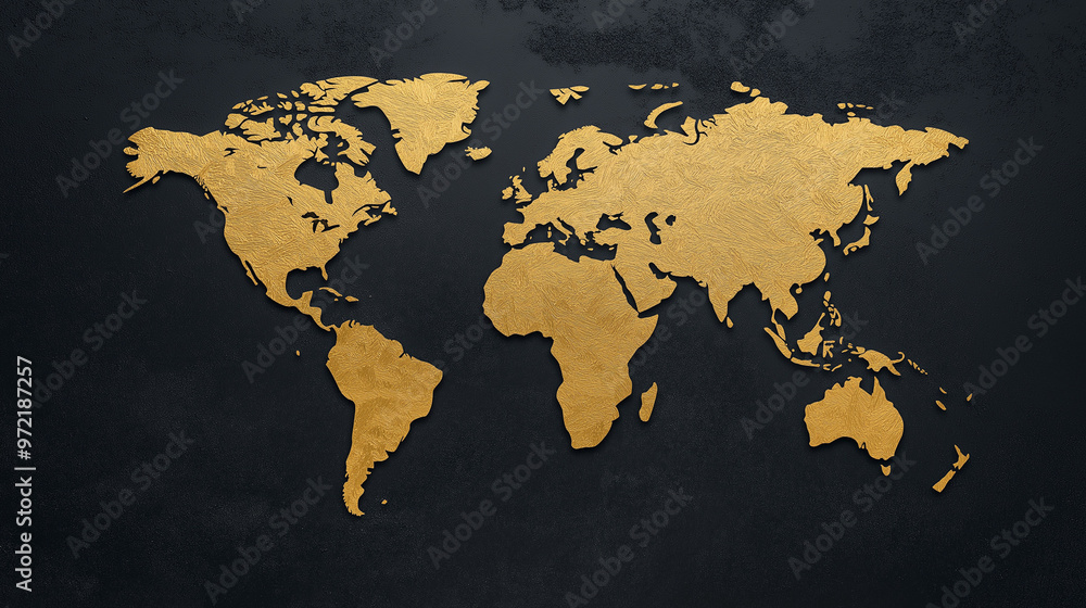 Poster artistic world map with country borders in gold on a black background and abstract paint splashes fo