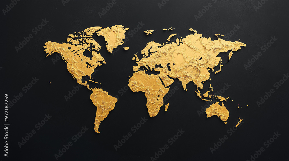 Poster artistic world map with country borders in gold on a black background and abstract paint splashes fo