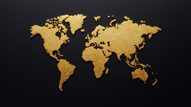 Fototapeta Artistic world map with country borders in gold on a black background and abstract paint splashes for each continent 