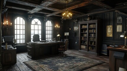 A dark, elegant office with wooden beams, a large desk, and bookshelves.