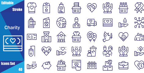 Love, friendship, care and charity concept editable stroke outline icons set isolated on white background flat vector illustration
