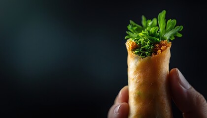 A close-up of a spring roll filled with fresh greens, showcasing vibrant colors and textures, perfect for food photography.