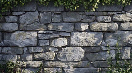 Obraz premium A textured stone wall with greenery on top, showcasing natural materials in architecture.