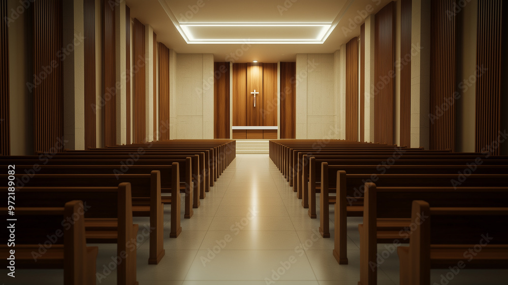 Poster Church aisle leading to a confessional booth, soft light, empty pews, and a calm, serene environment 