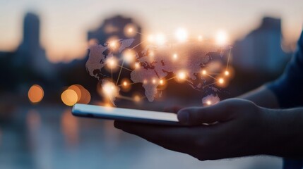 A person holding a smartphone with a digital globe overlay, symbolizing global connectivity and technology at sunset.