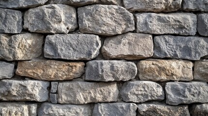 Obraz premium A close-up view of a textured stone wall made of various sizes of gray and beige stones.