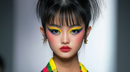 Close-up of hair and makeup at Shanghai Fashion Week, colorful eyeshadows and unique hairstyles, bold and creative looks 