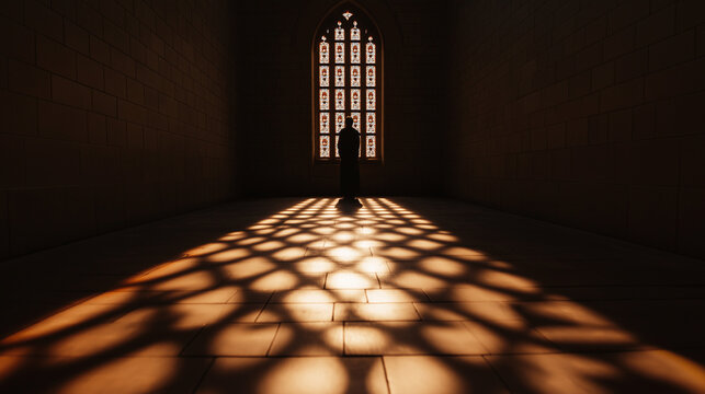 Confessional booth with a shadowy figure inside, light casting intricate patterns from stained glass windows onto the floor 