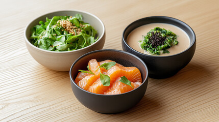 Creative dopamine menu card with dishes like salmon salad, dark chocolate mousse, and almond milk latte, elegant design 