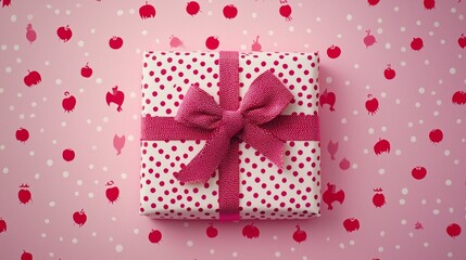 Fototapeta premium White gift box with pink polka dots and ribbon placed on a pink patterned background for a playful, festive design.