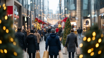 Obraz premium Crowds of shoppers in a bustling mall on Boxing Day, carrying bags, with holiday decorations and sales signs everywhere 
