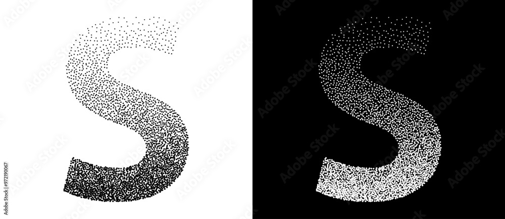 Poster dotted letter s as logo or icon. retro effect with dots abstract illustration. black shape on a whit