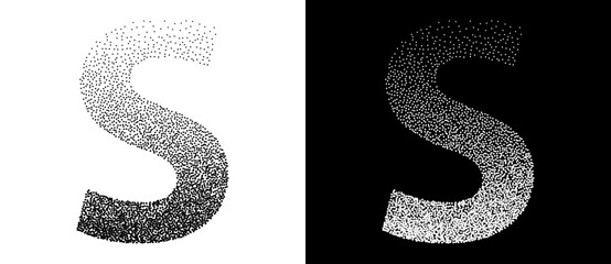 Dotted letter S as logo or icon. Retro effect with dots abstract illustration. Black shape on a white background and the same white shape on the black side.