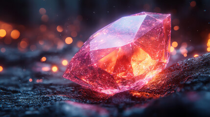 A large, faceted gemstone glows with a warm, pink light.