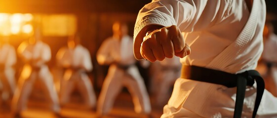 A focused martial artist demonstrates a powerful punch in a training session, showcasing discipline and skill in a dramatic light.