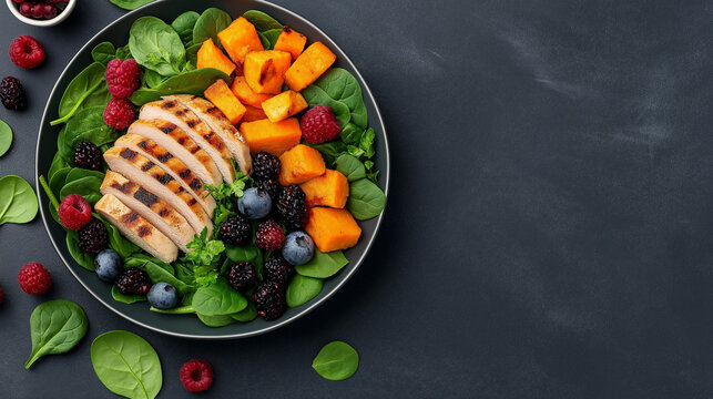 Dopamine-boosting dinner menu featuring grilled turkey, sweet potato, spinach, and berry dessert, modern typography  - Powered by Adobe