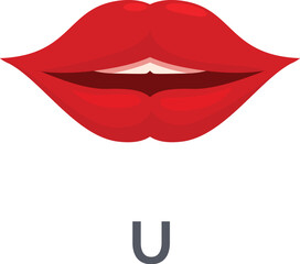 Illustration of red lips pronouncing the letter u, suitable for educational materials related to phonetics and speech therapy