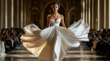 Fototapeta premium Dramatic Paris Fashion Week runway with models in flowing gowns, wind machine blowing fabric, grand ornate venue 
