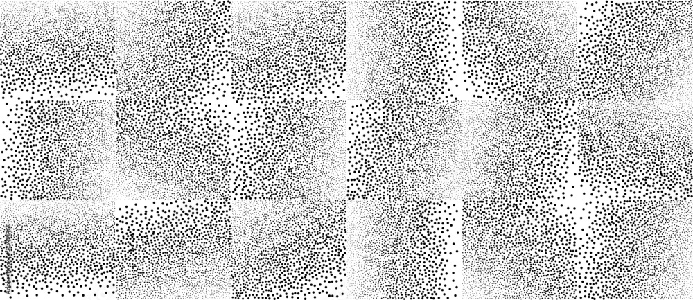 Poster Dotted squares gradient pattern vector background. Black noise stipple dots. Black dots grunge banner. Abstract noise dotwork pattern.