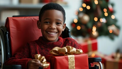 close-up of child black boy in wheelchair, holding christmas presents and smiling at the camera 
