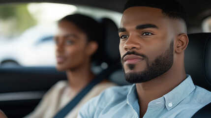 Family test driving a new car with a sales associate in the passenger seat, father driving, mother looking at the dashboard, dealership lot in background 