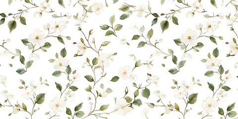 A pattern of small pink roses and green leaves on a white background.